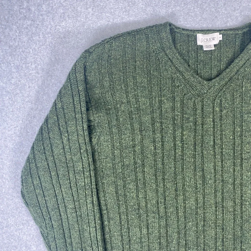 J. Crew V-Neck Sweater Mens Large Green Wool Ribbed Knit Long Sleeve Pullover